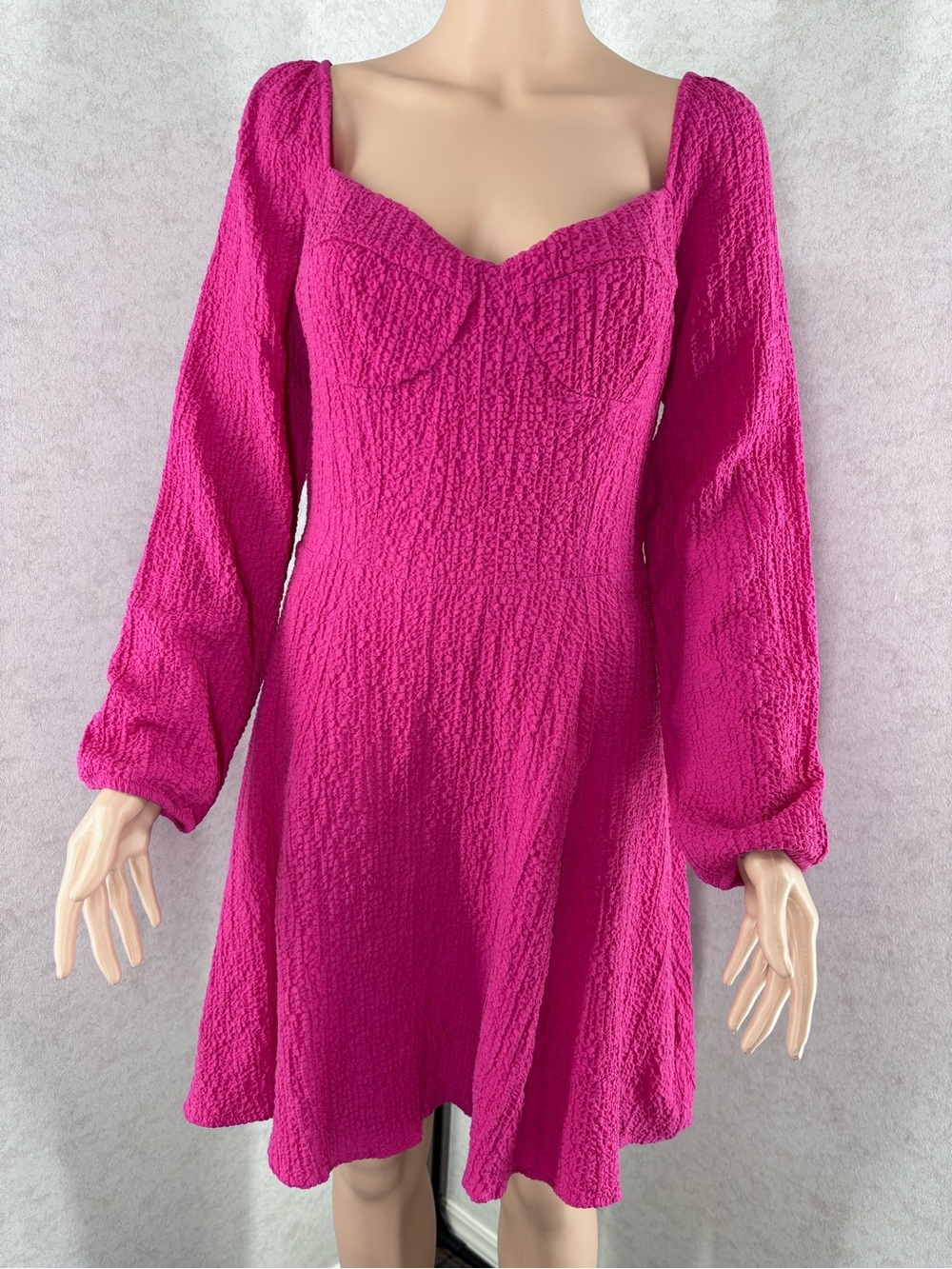 Desigual NWT Fuchsia Textured Long-Sleeve Short Slim A-Line Dress, Large